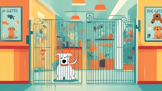 Create an image of various secure and stylish dog gates on display in a bright, well-organized pet store. Show a happy dog playing near one of the gates, giving a sense of safety and security. Include