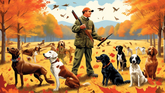 An experienced dog trainer demonstrating effective hunting dog training techniques in a scenic countryside setting, with well-behaved hunting dogs attentively following commands. The image shows vibra