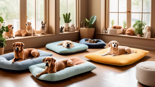 A cozy living room setting with a variety of dog bed pads arranged neatly in a row. Each pad has a different design and texture, and there are multiple dog breeds (a Golden Retriever, a French Bulldog