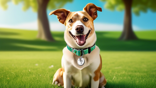 Create an image of a happy dog outside in a park, wearing a stylish collar and a matching leash. The background should feature green grass, trees, and a clear blue sky. The scene should include a vari