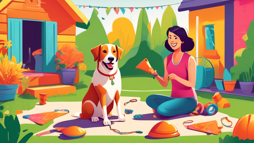 Create an image of a cheerful pet owner in a colorful backyard surrounded by essential dog training accessories such as a clicker, treat pouch, agility cones, a training leash, a toy for motivation, a