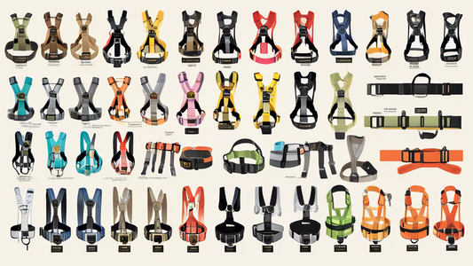 An in-depth, detailed illustration of various K-9 harnesses displayed on different breeds of dogs, each showcasing unique features, such as padding, reflective strips, and handle grips, in a well-lit,