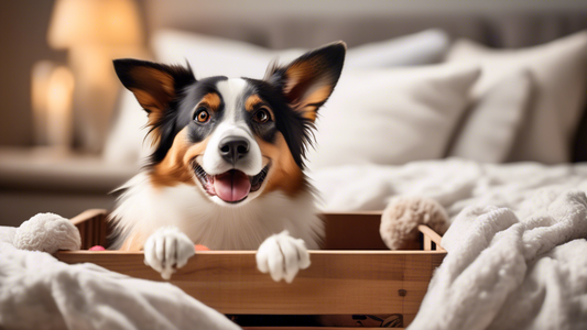 Create an image that showcases a happy, relaxed dog inside a cozy crate with soft bedding and a few favorite toys. The setting should be a comfortable and tidy living room, with the dog’s owner nearby