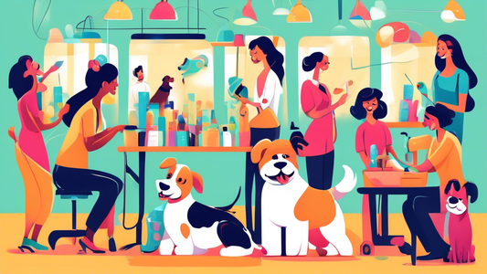Create an image of a cheerful scene at a dog grooming workshop, with people attentively learning from a professional groomer. Include a variety of dog breeds getting groomed, a classroom setting with 