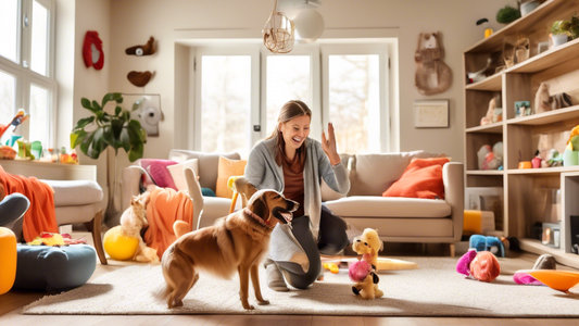 A cozy living room with a cheerful dog trainer working with an excited dog in a training session. The dog is sitting attentively while the trainer uses hand signals, surrounded by dog toys, treats, an
