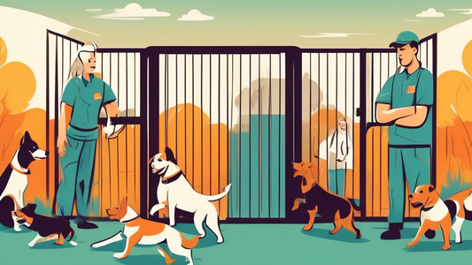 Create an image depicting a professional and secure dog boarding facility with well-trained staff members handling aggressive dogs cautiously and compassionately. Include strong safety measures, separ
