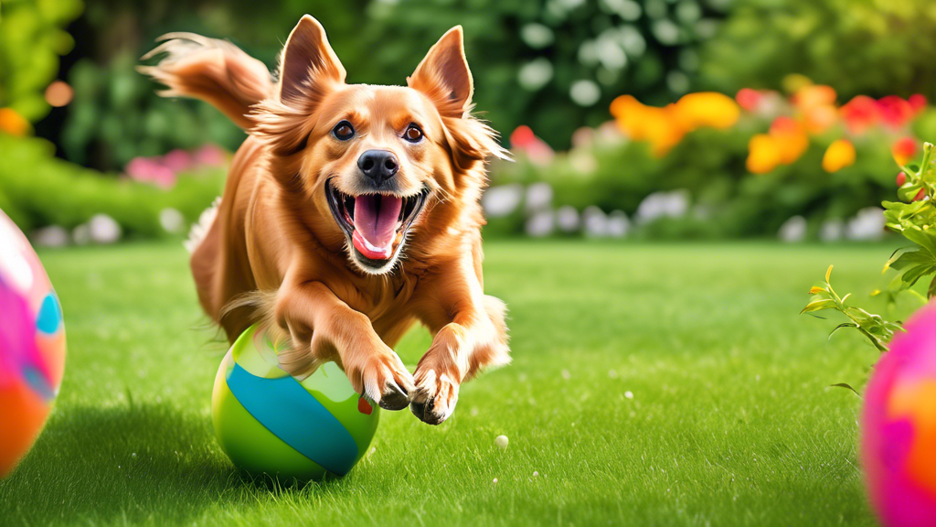 Create an image of a joyful dog enthusiastically playing with a vibrant, durable Kong Flexball in a spacious backyard. The dog appears mid-leap, catching the ball in its mouth, with greenery and color