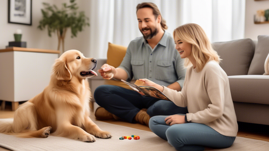 A cozy living room setting where a dog trainer is demonstrating effective training techniques to a pet owner. The trainer is showing positive reinforcement methods using treats, clickers, and toys. Th