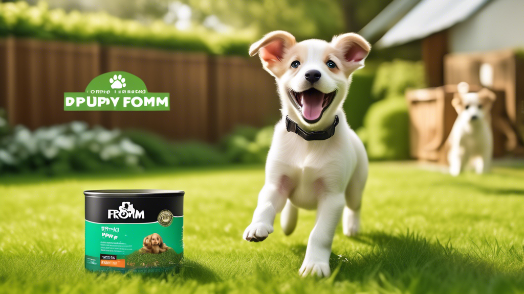Create an image of a happy, healthy puppy energetically playing in a lush green backyard. The puppy should be looking up with bright eyes and a wagging tail. Beside the puppy, place a bag of Fromm Pup