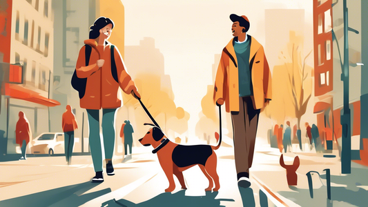Create an image of a dog on a walk with its owner, using a traffic handle leash. The setting is an urban environment, with busy streets and sidewalks. Highlight the ease and control provided by the tr