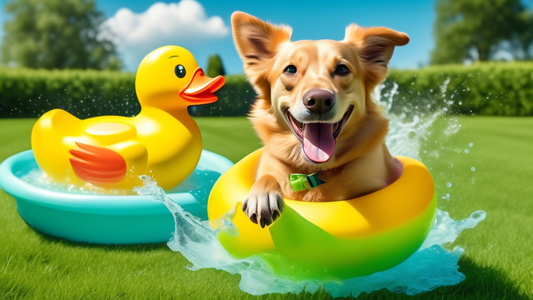 Create an image of a joyful dog playing gleefully with a vibrant, colorful rubber duck toy named MR Quackers in a lush, green backyard. The dog is mid-air, catching the toy that slightly squeaks, with