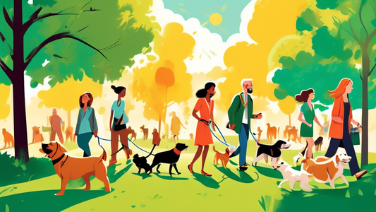 An illustrative guide showing a happy and diverse group of people teaching their different breeds of dogs to walk obediently on a loose leash in a lush, green park during a sunny day.