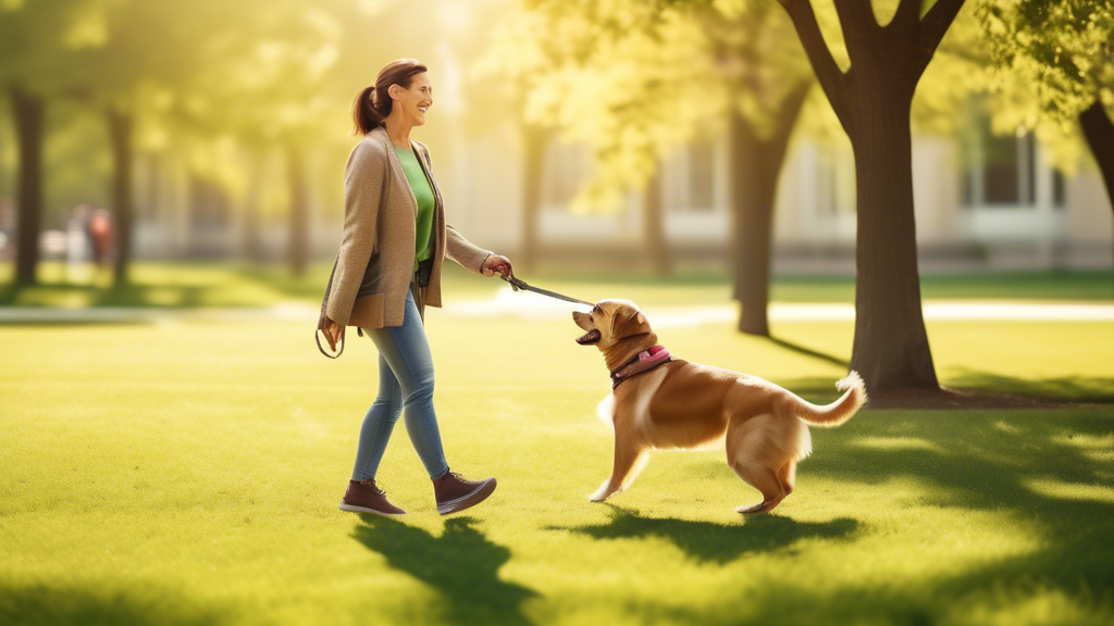 Create an image of a person leash training a happy adult dog in a sunny park. The scene should include the person demonstrating positive reinforcement techniques, such as offering treats. The dog is f