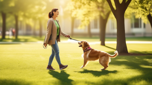Create an image of a person leash training a happy adult dog in a sunny park. The scene should include the person demonstrating positive reinforcement techniques, such as offering treats. The dog is f