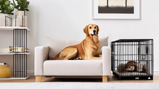 Create an image of a modern living room with sleek, stackable dog crates that fit seamlessly into the decor. Show happy dogs inside the crates, with each crate having comfortable bedding and toys. The