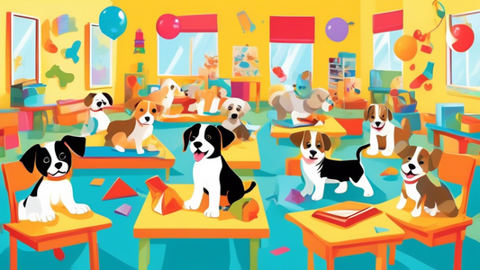 Create an image depicting a vibrant and cheerful classroom setting with a group of adorable puppies of various breeds attending 'Puppy Preschool.' The puppies are engaged in playful learning activitie