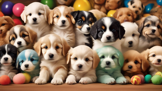 Create an image of a cozy pet store display featuring various breeds of tiny, adorable puppies, each small enough to fit in the palm of a hand or a pocket. The puppies look playful and happy, surround