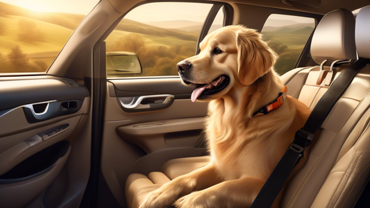 A highly detailed and realistic digital illustration of a family car, with a joyful Golden Retriever wearing a secure dog seat belt harness in the back seat. The car interior is modern and clean, with