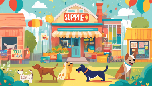 Create an image of a joyful dog with a wagging tail standing in front of a community pet supply station filled with free items such as food, toys, and bedding. The background features a friendly neigh