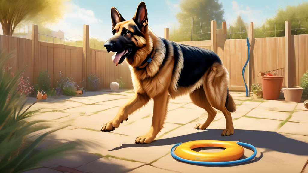 A highly detailed and realistic image of a German Shepherd dog attentively following a trainer's hand signals in a sunny, fenced backyard. The trainer, wearing casual outdoor clothes, uses positive re