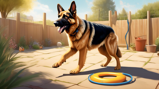 A highly detailed and realistic image of a German Shepherd dog attentively following a trainer's hand signals in a sunny, fenced backyard. The trainer, wearing casual outdoor clothes, uses positive re