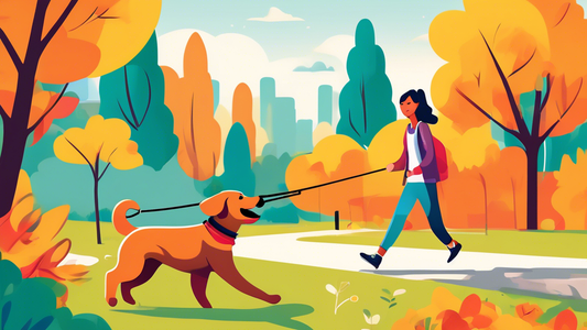 Create an illustration showing a happy dog and its owner enjoying a walk in a scenic park. The dog is on a brightly-colored bungee leash that provides just the right amount of slack and tension. The o
