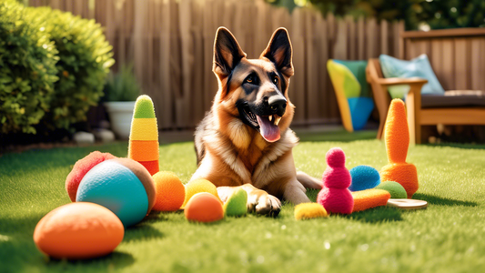 A variety of engaging and durable dog toys arranged in a playful, sunny backyard setting, with a happy German Shepherd actively playing and interacting with each toy, illustrating the review highlight