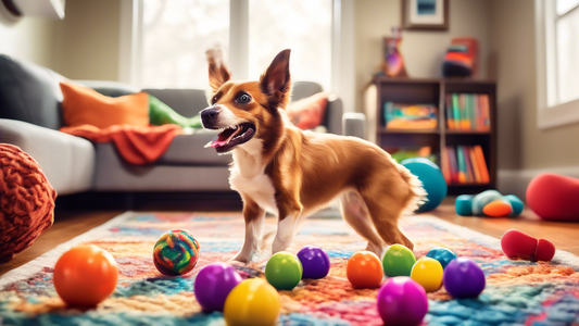 Create an image of a small, happy dog playing with a variety of colorful Kong toys in a cozy living room setting. The toys are appropriately sized for the dog, featuring different shapes and interacti