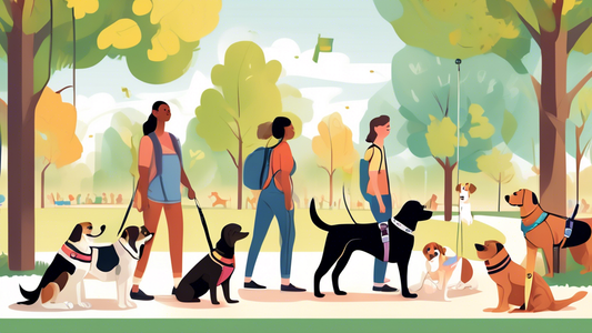 A detailed illustration of a diverse group of dogs wearing different types of balance dog harnesses in a well-lit park. Each dog is accompanied by an owner looking at a guidebook titled 'Choosing the 