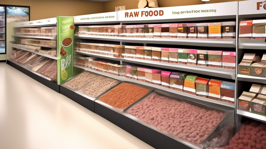 Create an image of a modern pet store display showcasing top brands of frozen raw dog food. Include detailed packaging with brand logos, nutritional information, and a variety of raw meat options like