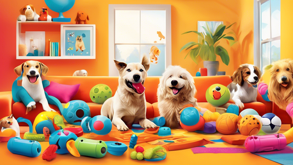 Creative illustration of the top interactive dog toys available on Amazon, featuring a variety of engaging and colorful toys including puzzle feeders, treat-dispensing balls, and squeaky plush animals
