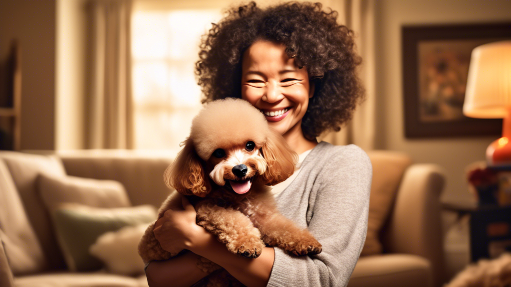 A heartwarming scene of a rescued toy poodle being held gently by a loving new owner in a cozy, welcoming home. The background features other playful, happy toy poodles and their owners, with expressi