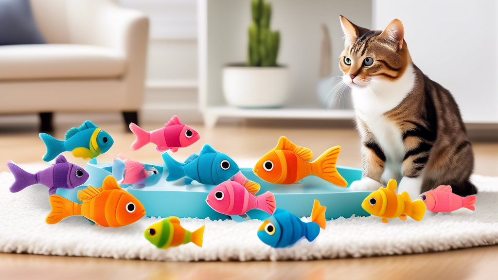Create an image of a playful scene featuring various colorful fish-shaped toys, specifically designed for cats. Showcase a fluffy kitten engaging with a variety of these fish toys, such as plush fish,