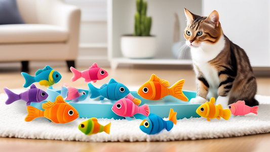 Create an image of a playful scene featuring various colorful fish-shaped toys, specifically designed for cats. Showcase a fluffy kitten engaging with a variety of these fish toys, such as plush fish,