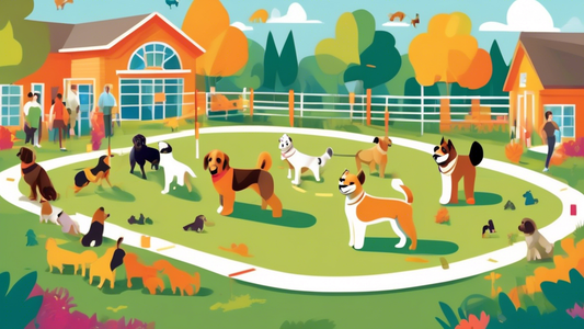 Create an image featuring diverse dog breeds engaging in various training activities with professional trainers in a well-equipped outdoor training facility. The setting should include agility courses