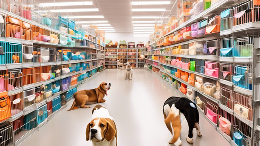 A bright pet store aisle, lined with various medium-sized dog crates. Dogs of different breeds (beagle, bulldog, and border collie) are comfortably sitting or lying in the crates. The crates are desig