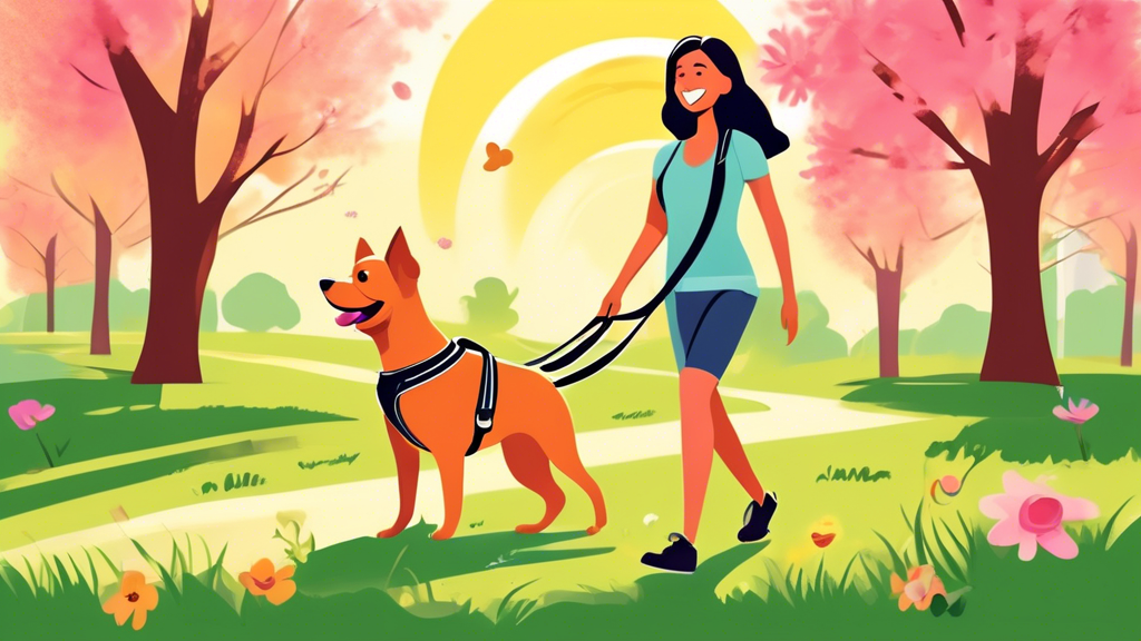Create an image of a cheerful pet owner in a sunny park putting an 'Easy Walk Dog Harness' on their happy, medium-sized dog. The harness should look comfortable, secure, and stylish, with adjustable s