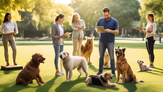 Create an image of several professional dog trainers working with various breeds of dogs in a serene park setting. The trainers should be using a variety of positive reinforcement techniques, such as 