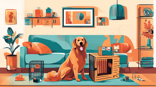Create a detailed illustration of a living room with a variety of Kong dog crates displayed. Each crate is suited for different types of dogs (sizes and breeds) and includes labels or tags with key fe