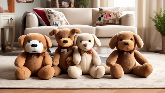 Create an image of an adorable, cozy living room with both playful dogs and teddy bears. Each dog has their own teddy bear, and they are happily playing or cuddling with the bears. The teddy bears sho