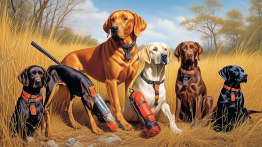 A detailed and vibrant scene showcasing essential training supplies for hunting dogs, including dummies for retrieving, tracking harnesses, whistle commands, protective vests, and a well-equipped firs