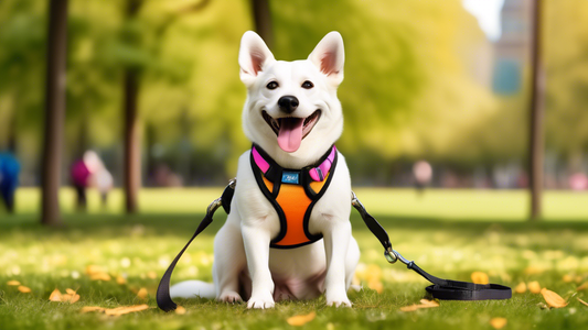 Create an image of a happy dog wearing a front clip harness in a park setting. The harness should be well-fitted and feature bright colors. Include a variety of front clip harnesses on display or hang