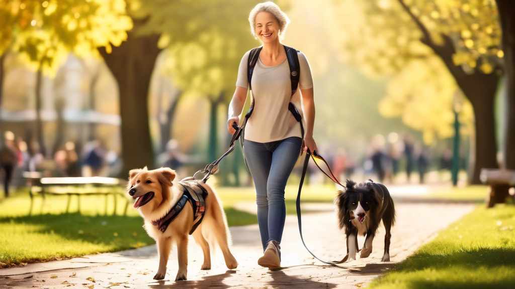 A high-resolution image of a happy dog with a sturdy, no-pull harness and leash, walking with its owner in a picturesque park. The dog appears comfortable and not pulling, while the owner looks conten