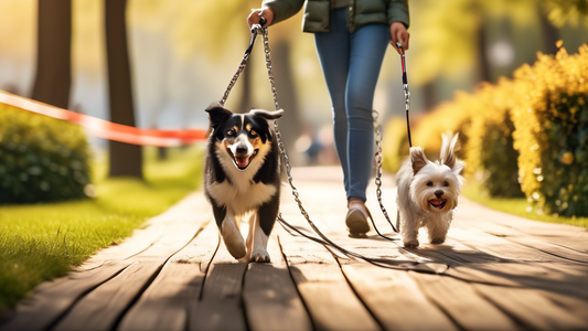 A high-resolution image of a happy dog and its owner walking in a picturesque park. The focus is on various types of chain dog leashes displayed neatly on a wooden table. Each leash has a tag with a d
