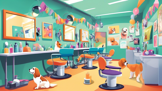 Create an image of a modern, well-equipped dog grooming academy classroom with professional pet care trainers instructing students. Include grooming stations with various grooming tools, dogs of diffe