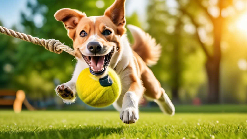 Create a vibrant and lively scene of a joyful dog playing with a ball attached to a rope. The dog is capturing the ball mid-air with excitement and pure happiness on its face. The setting is an open, 