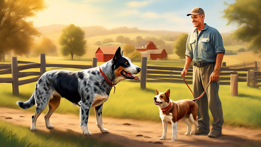Create a realistic image showcasing a professional dog trainer working with an attentive cattle dog in a picturesque rural setting, with rolling pastures and a wooden fence in the background. Include 