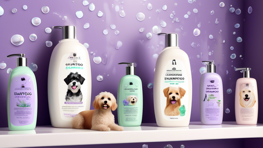 Create a highly detailed image of various dog shampoos and conditioners displayed on stylish bathroom shelves. Each bottle should have vibrant labels, showcasing different natural ingredients like oat