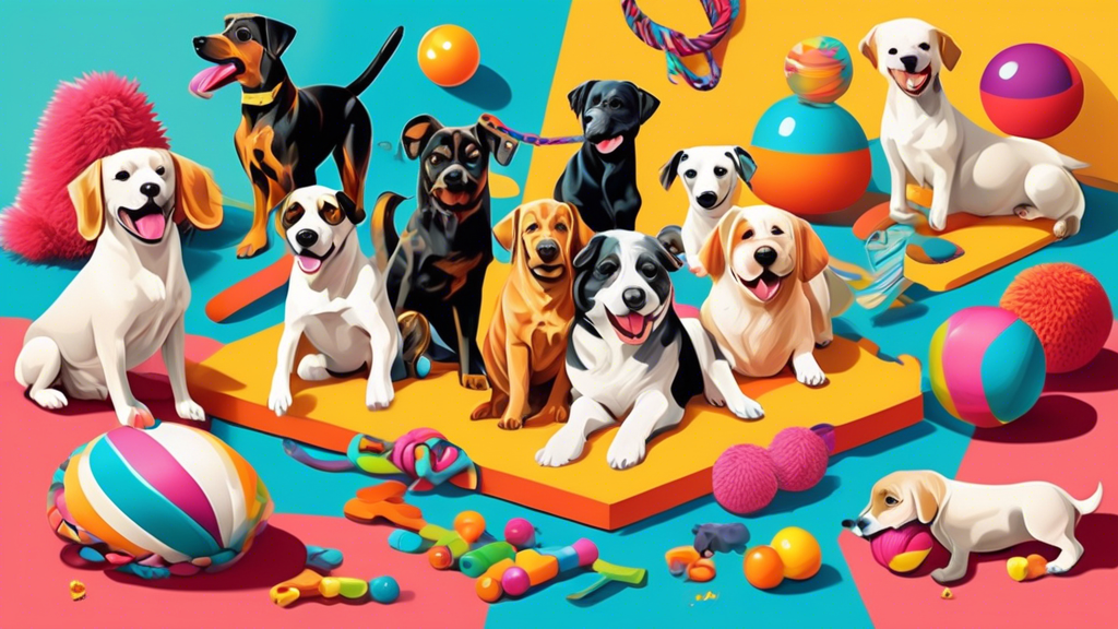 A colorful and engaging scene featuring a variety of top-rated dog toys available on Amazon, including interactive puzzle toys, durable chew toys, ropes, balls, and squeaky toys, all arranged attracti