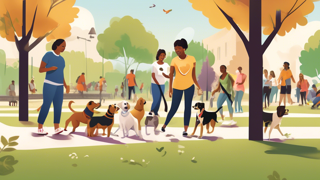 Create an illustration of a diverse community park setting where dog owners are engaging in various socialization activities with their dogs. The scene includes a group dog training class, dogs playin